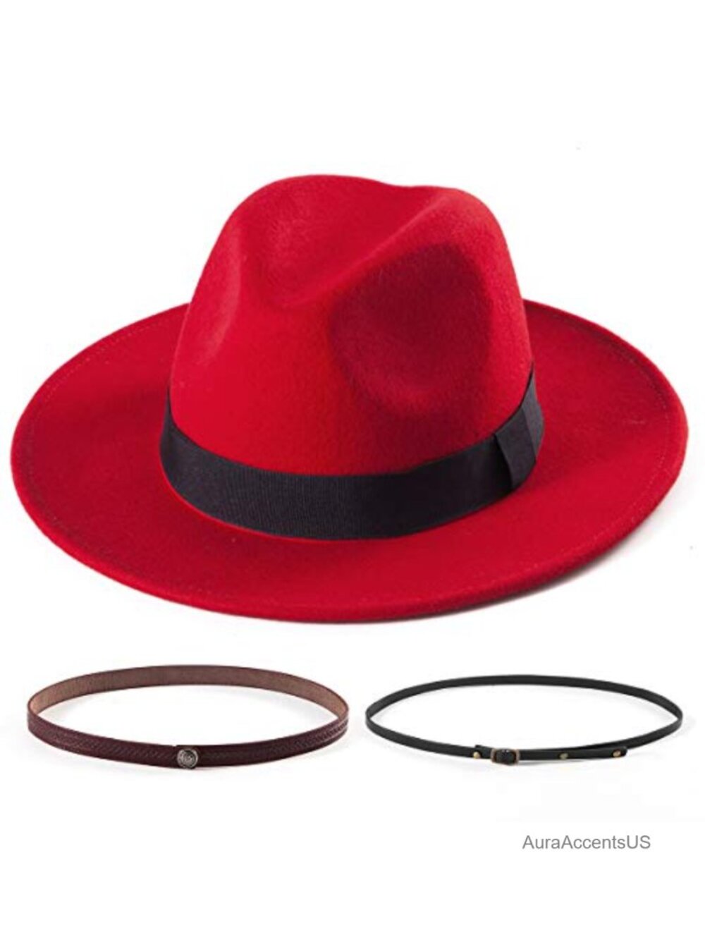 Wool Felt Wide Brim Fedora Hat Adjustable with Interchangeable Belts